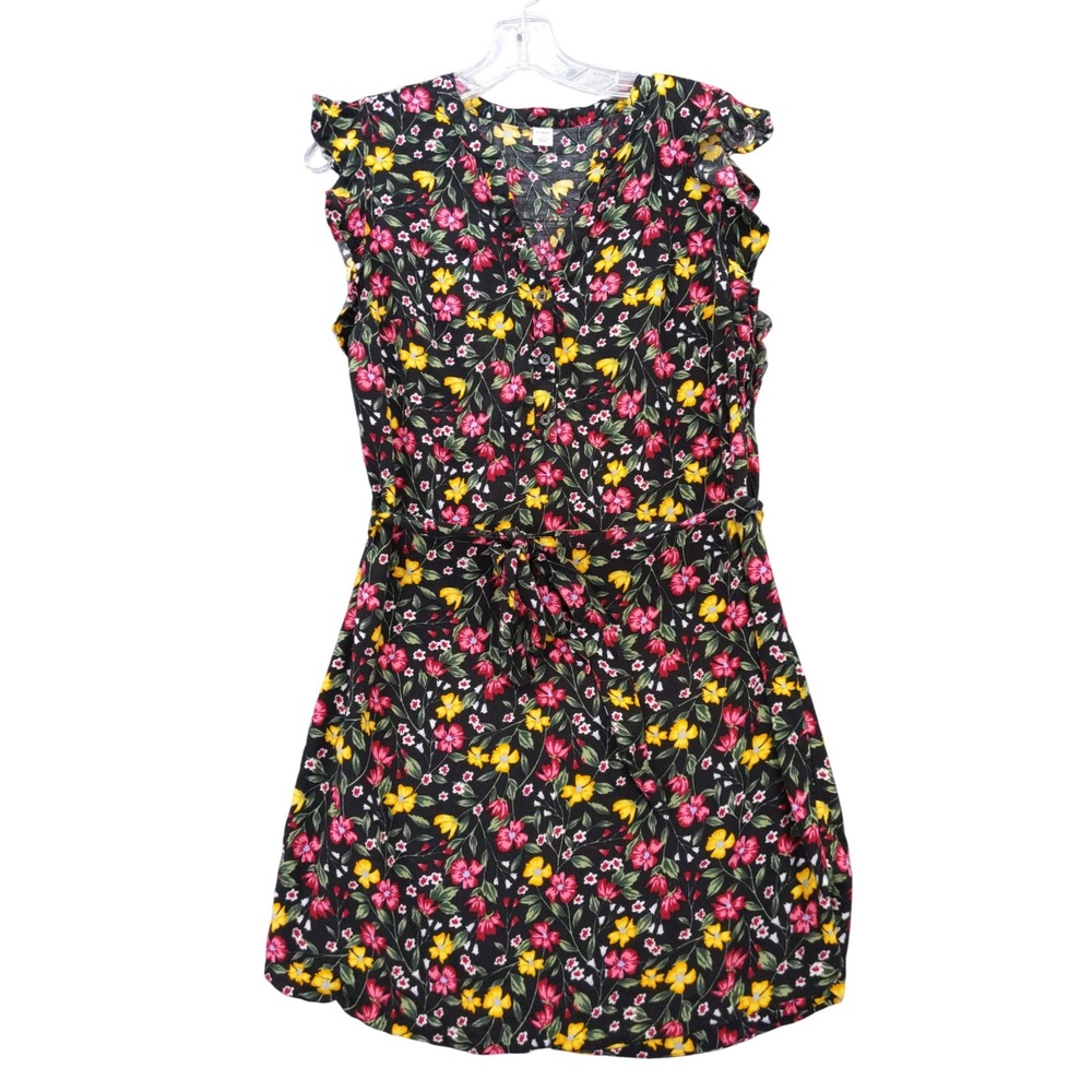 Old Navy‎ Floral Print Dress Ruffle Sleeves Tie Waist Black Yellow Pink S